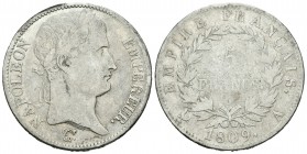 Francia. Napoleón I. 5 francos. 1809. París. (Km-694.1). Ag. 24,52 g. Golpecitos en el canto. MBC+/BC+. Est...45,00.