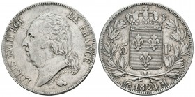 Francia. Louis XVIII. 5 francos. 1824. Toulouse. M. (Km-711.9). (Gad-614). Ag. 25,04 g. Rayas. EBC-. Est...75,00.