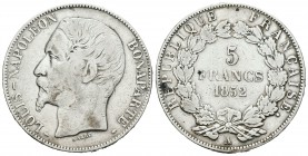 Francia. Louis Napoleon. 5 francos. 1852. París. A. (Km-773.1). (Gad-726). Ag. 24,69 g. BC+. Est...30,00.