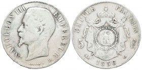 Francia. Napoleón III. 5 francos. 1856. Lyon. D. (Km-782.3). (Gad-734). Ag. 24,38 g. BC. Est...25,00.