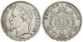 Francia. Napoleón III. 5 francos. 1868. París. A. (Km-799.1). (Gad-739). Ag. 24,85 g. Golpe en el canto. MBC-. Est...30,00.