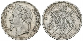 Francia. Napoleón III. 5 francos. 1869. Estrasburgo. BB. (Km-799.2). (Gad-739). Ag. 24,92 g. MBC. Est...30,00.
