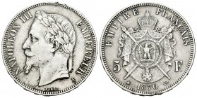 Francia. Napoleón III. 5 francos. 1870. París. A. (Km-799.1). (Gad-739). Ag. 24,96 g. Limpiada. MBC+. Est...35,00.