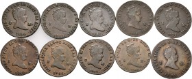 Lote de 10 monedas diferentes de 2 maravedís de Isabel II, 8 de Segovia y 2 de Jubia. A EXAMINAR. MBC-/MBC. Est...90,00.