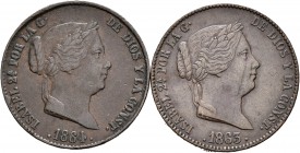 Lote de 2 monedas de 25 céntimos de real de Isabel II, 1863 y 1864 Segovia. A EXAMINAR. MBC/MBC+. Est...40,00.