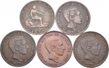 Lote de 5 monedas de 10 céntimos del centenario de la peseta, 1870, 1877, 1877 (2) y 1879. A EXAMINAR. BC+/MBC-. Est...50,00.