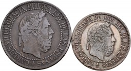 Lote de 2 monedas de Carlos VII, 10 céntimos y 5 céntimos de 1875. A EXAMINAR. MBC-/MBC. Est...50,00.