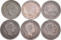 Lote de 6 monedas de 5 céntimos del centenario de la peseta, 1870, 1877 (2), 1878 (2) y 1879. A EXAMINAR. BC/MBC+. Est...35,00.