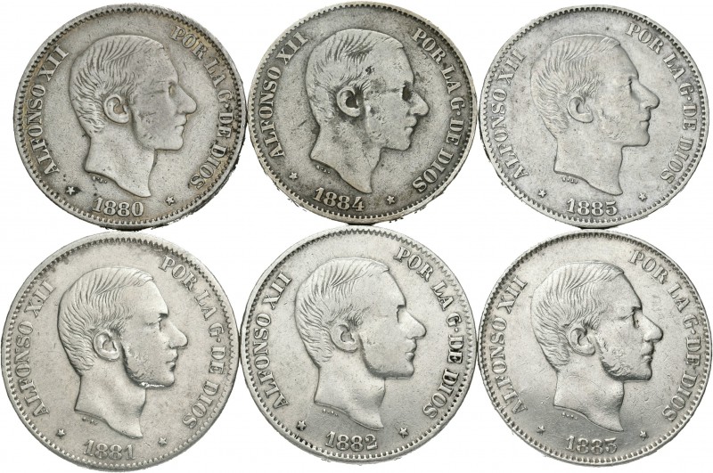 Serie completa de 50 centavos de Manila, 1880, 1881, 1882, 1883, 1884, 1885. Tod...