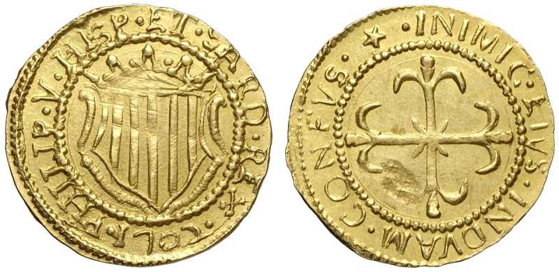 Cagliari, Filippo V (1700-1719), Scudo d'oro 1702, Au mm 22,5 g 3,20 lieve manca...