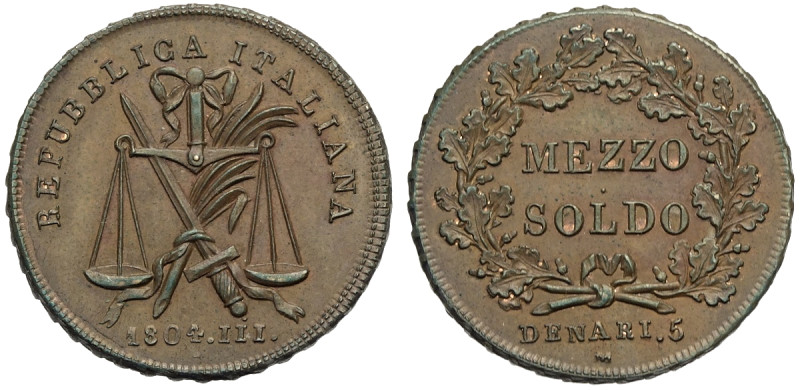 Milano, Repubblica Italiana (1802-1805), Mezzo Soldo 1804, RR Pag-462 Cu mm 23 g...