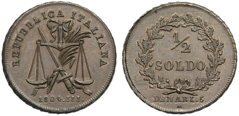 Milano, Repubblica Italiana (1802-1805), Mezzo Soldo 1804, RR Pag-464 Cu mm 23 g...