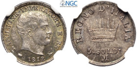 Milano, Napoleone I Re d'Italia (1805-1814), 5 Soldi 1812, Ag mm 15 di alta qualità, in Slab NGC MS64
