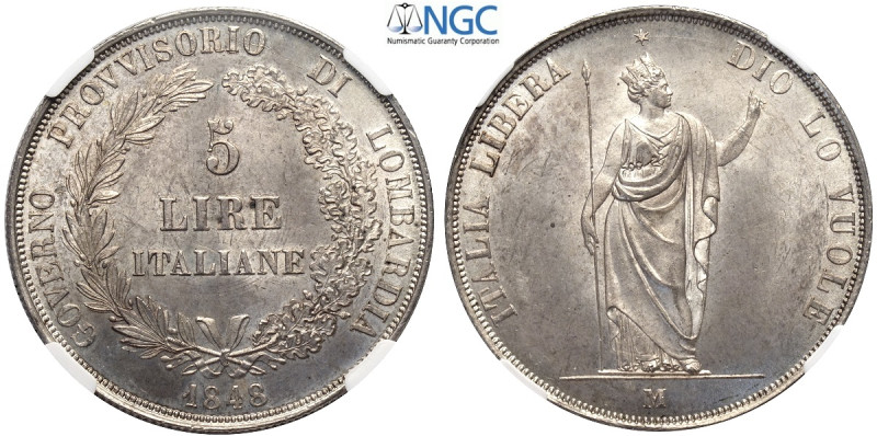 Milano, Governo Provvisorio (1848), 5 Lire 1848, Ag mm 37 di eccelsa qualità, in...