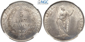 Milano, Governo Provvisorio (1848), 5 Lire 1848, Ag mm 37 di eccelsa qualità, in Slab NGC MS64