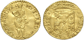 Modena, Cesare d'Este (1597-1628), Ongaro, rara variante col Duca su terreno erboso, MIR-673 RR Au mm 21 g 3,46 modesta ondulazione, BB+