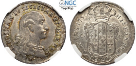 Napoli, Ferdinando IV di Borbone (1759-1816), Tarì 1790 con stemma, RR Ag mm 25 di qualità eccezionale per il tipo, in Slab NGC MS64 (cert. 6141765012...