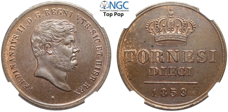 Napoli, Ferdinando II di Borbone (1830-1859), 10 Tornesi 1859/8, Cu mm 38 in Sla...