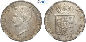 Napoli, Francesco II di Borbone (1859-1860), Piastra 1859, Ag mm 37 di alta conservazione con tonalità multicolore in patina, in Slab NGC MS63