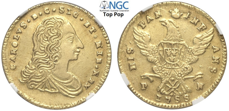 Palermo, Carlo di Borbone (1734-1759), Doppia Oncia 1755, Au mm 27 millesimo mol...