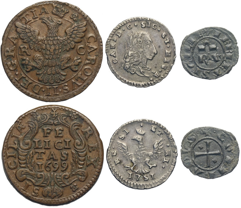 Palermo e Messina, Lotto di 3 monete: Grano 1699 (SPL), Mezzo Tarì 1751 (q.SPL),...