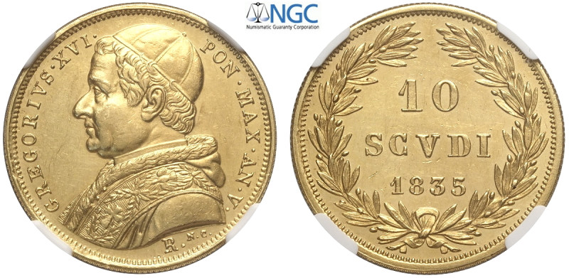 Roma, Gregorio XVI (1831-1846), 10 Scudi 1835-V, Au mm 28 in Slab NGC MS61
