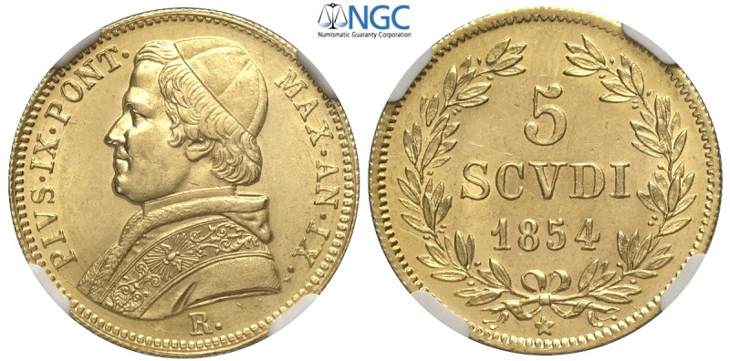 Roma, Pio IX (1846-1870), 5 Scudi 1854, Au mm 23 alta conservazione, in Slab NGC...