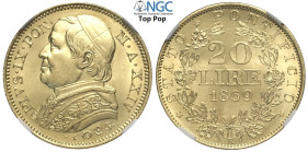 Roma, Pio IX (1846-1870), 20 Lire 1869-XXIV, Au mm 22 una moneta eccezionale come appena coniata, in Slab NGC MS67 (cert. 5784532019 Top Pop!)