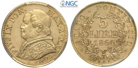 Roma, Pio IX (1846-1870), 5 Lire 1866-XXI, RR Au mm 17 fondi a specchio e alta conservazione, in Slab PCGS MS64 PL (second best grade)