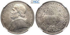 Roma, Pio IX (1846-1870), 5 Lire 1870-XXV, Ag mm 38 alta conservazione, in Slab NGC MS64