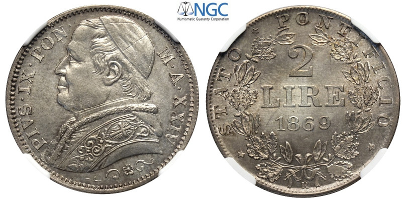 Roma, Pio IX (1846-1870), 2 Lire 1869, Ag mm 28 alta conservazione, in Slab NGC ...