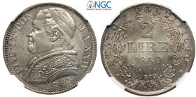 Roma, Pio IX (1846-1870), 2 Lire 1869, Ag mm 28 alta conservazione, in Slab NGC MS64+