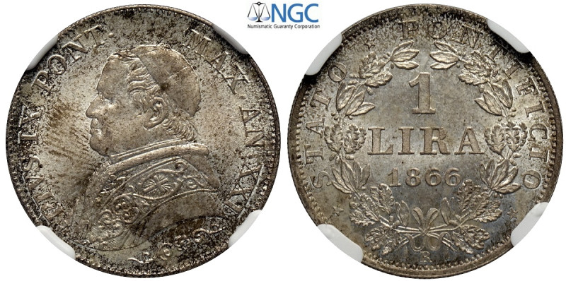 Roma, Pio IX (1846-1870), Lira 1866-XXI, Ag mm 24 di gran conservazione, in Slab...