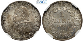 Roma, Pio IX (1846-1870), Lira 1866-XXI, Ag mm 24 di gran conservazione, in Slab NGC MS64