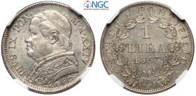 Roma, Pio IX (1846-1870), Lira 1869-XXIV, RRR Ag mm 24 il millesimo più raro e di gran conservazione, in Slab NGC MS63