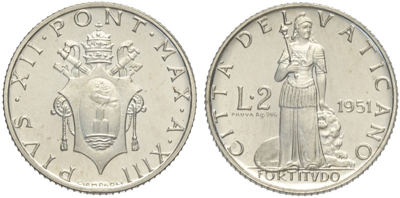 Città del Vaticano, Pio XII (1939-1958), 2 Lire 1951 Prova in argento, 20 pezzi ...