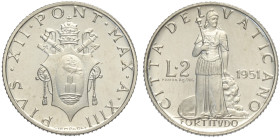 Città del Vaticano, Pio XII (1939-1958), 2 Lire 1951 Prova in argento, 20 pezzi coniati, RRRR Ag mm 18 g 3,21 FDC
