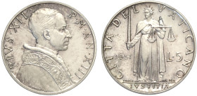 Città del Vaticano, Pio XII (1939-1958), 5 Lire 1951 Prova in argento, 20 pezzi coniati, RRRR Ag mm 20 g 4,01 FDC