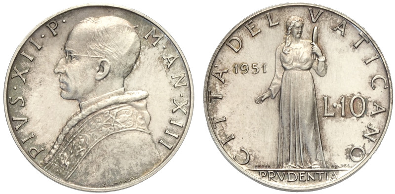 Città del Vaticano, Pio XII (1939-1958), 10 Lire 1951 Prova in argento, 20 pezzi...
