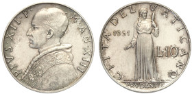 Città del Vaticano, Pio XII (1939-1958), 10 Lire 1951 Prova in argento, 20 pezzi coniati, RRRR Ag mm 23 g 6,41 FDC