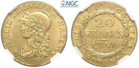 Torino, Repubblica Subalpina (1800-1802), 20 Franchi L'AN 10 (1802), Rara Au mm 22 ottima conservazione, in Slab NGC MS62
