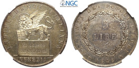 Venezia, Governo Provvisorio (1848-1849), 5 Lire 1848 Agosto, Ag mm 37,5 bella patina, in Slab NGC MS62