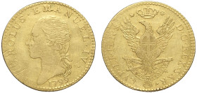 Savoia, Carlo Emanuele IV (1796-1800), Doppia 1799, RRR Au mm 25 g 9,03 tracce di pulitura altrimenti MB-BB