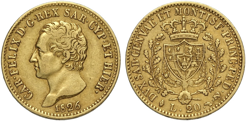 Savoia, Carlo Felice (1821-1831), 20 Lire 1826 Torino, Au mm 21 g 6,42 q.BB