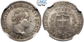 Savoia, Carlo Felice (1821-1831), 50 Centesimi 1826 Torino, Ag mm 18 conservazione eccezionale, in Slab NGC MS66 (cert. 5784867005 Top Pop!)