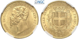 Savoia, Vittorio Emanuele II Re di Sardegna (1849-1861), 20 Lire 1860 Genova, Au mm 21 di eccelsa qualità, FDC, in Slab NGC MS64