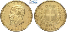 Regno d'Italia, Vittorio Emanuele II (1861-1878), 100 Lire 1872-R Roma, coniati 661 esemplari, RR Au mm 35 ottimo esemplare, in Slab NGC MS61