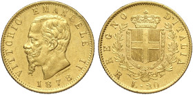 Regno d'Italia, Vittorio Emanuele II (1861-1878), 20 Lire 1878-R Roma cifra 1 rovesciata e ribattuta, RR Au mm 21 bei fondi speculari, SPL-FDC
