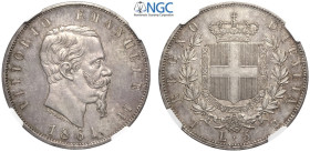 Regno d'Italia, Vittorio Emanuele II (1861-1878), 5 Lire 1861-T Torino, RR Ag mm 37 conservazione eccezionale per questo millesimo, in Slab NGC MS64 (...