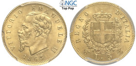 Regno d'Italia, Vittorio Emanuele II (1861-1878), 5 Lire 1863-T Torino, Au mm 17 conservazione eccezionale per il tipo, In Slab PCGS MS65 (cert. 46070...